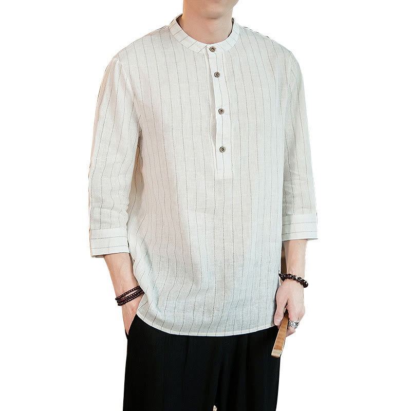 Chemise homme en lin à rayures et demi-boutons avec Buddha Stones et manches trois-quarts - image 26