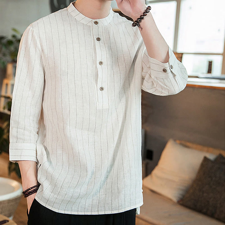 Chemise homme en lin à rayures et demi-boutons avec Buddha Stones et manches trois-quarts - image 18