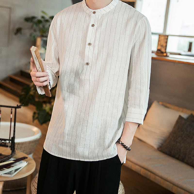 Chemise homme en lin à rayures et demi-boutons avec Buddha Stones et manches trois-quarts - image 13