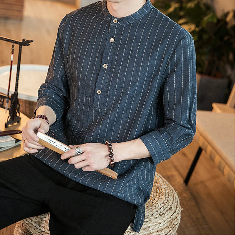 Chemise homme en lin à rayures et demi-boutons avec Buddha Stones et manches trois-quarts - image 10
