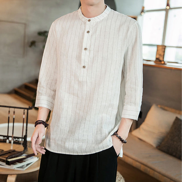 Chemise homme en lin à rayures et demi-boutons avec Buddha Stones et manches trois-quarts - Blanc - US/UK/AU46，EU56 (5XL) - image 12