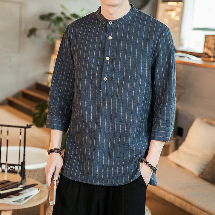 Chemise homme en lin à rayures et demi-boutons avec Buddha Stones et manches trois-quarts - Bleu foncé - US/UK/AU46，EU56 (5XL) - image 0