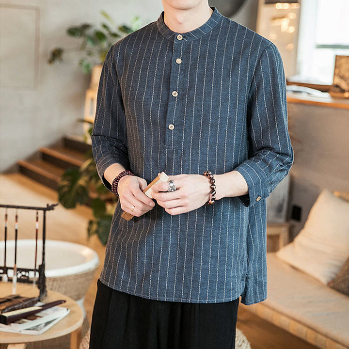Chemise homme en lin à rayures et demi-boutons avec Buddha Stones et manches trois-quarts - image 3