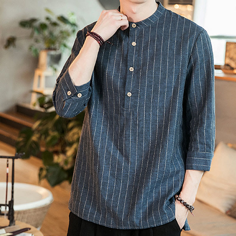 Chemise homme en lin à rayures et demi-boutons avec Buddha Stones et manches trois-quarts - image 2