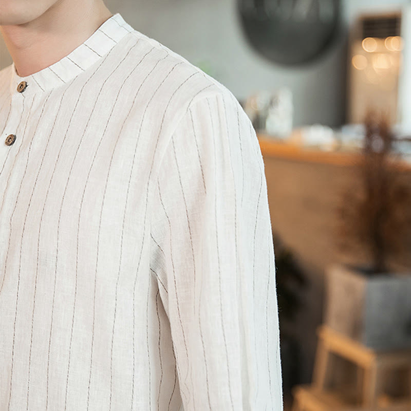 Chemise homme en lin à rayures et demi-boutons avec Buddha Stones et manches trois-quarts - image 23