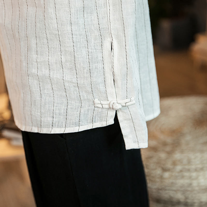 Chemise homme en lin à rayures et demi-boutons avec Buddha Stones et manches trois-quarts - image 25