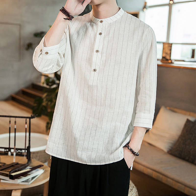 Chemise homme en lin à rayures et demi-boutons avec Buddha Stones et manches trois-quarts - image 14