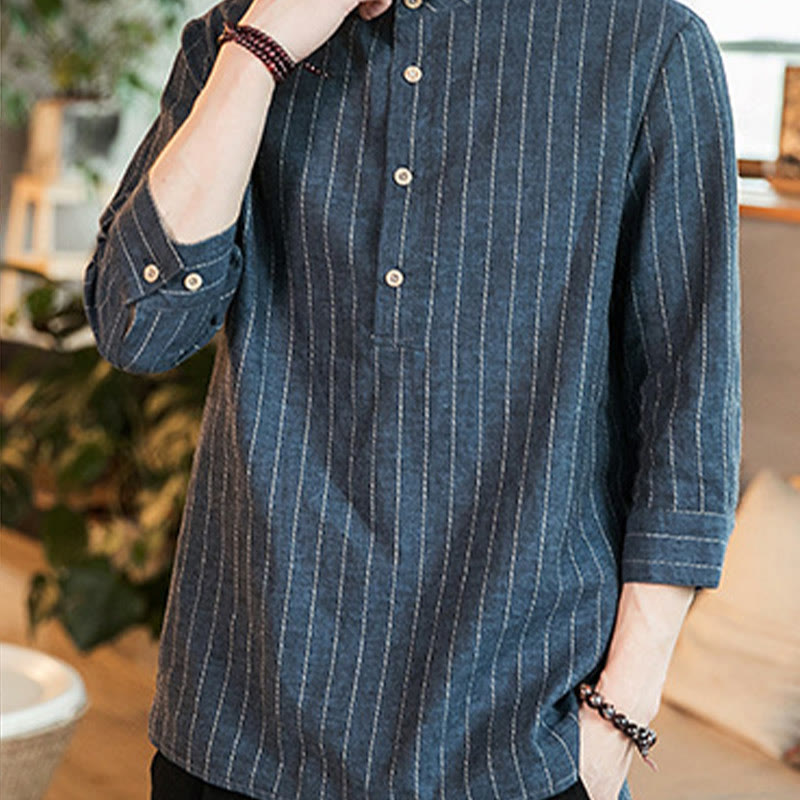 Chemise homme en lin à rayures et demi-boutons avec Buddha Stones et manches trois-quarts - image 9