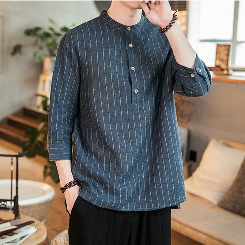 Chemise homme en lin à rayures et demi-boutons avec Buddha Stones et manches trois-quarts - image 1