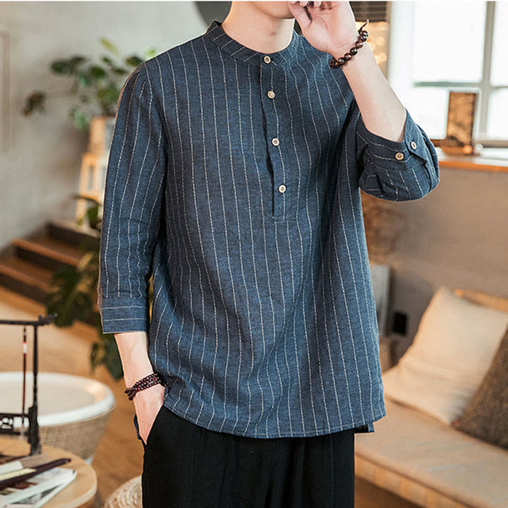 Chemise homme en lin à rayures et demi-boutons avec Buddha Stones et manches trois-quarts - image 1