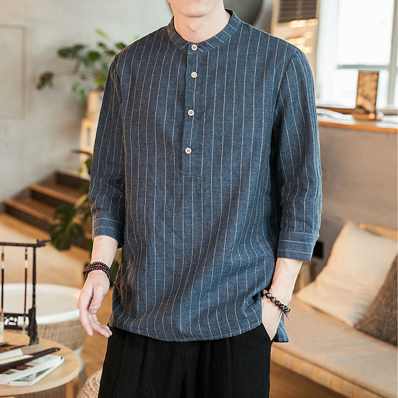 Chemise homme en lin à rayures et demi-boutons avec Buddha Stones et manches trois-quarts - image 7