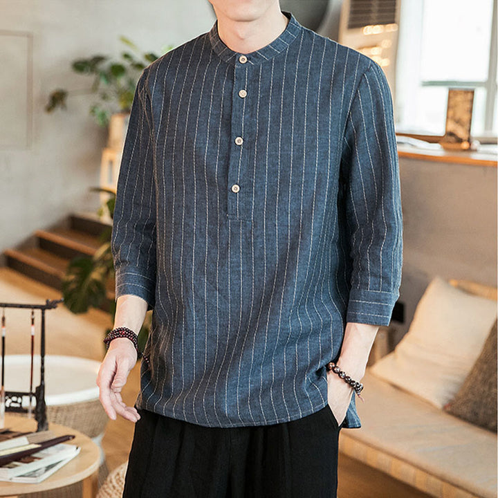 Chemise homme en lin à rayures et demi-boutons avec Buddha Stones et manches trois-quarts - image 7