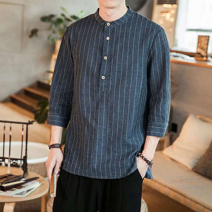 Chemise homme en lin à rayures et demi-boutons avec Buddha Stones et manches trois-quarts - image 8