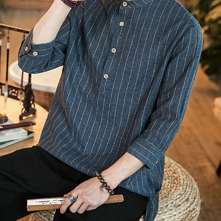 Chemise homme en lin à rayures et demi-boutons avec Buddha Stones et manches trois-quarts - image 11