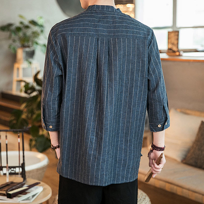 Chemise homme en lin à rayures et demi-boutons avec Buddha Stones et manches trois-quarts - image 4