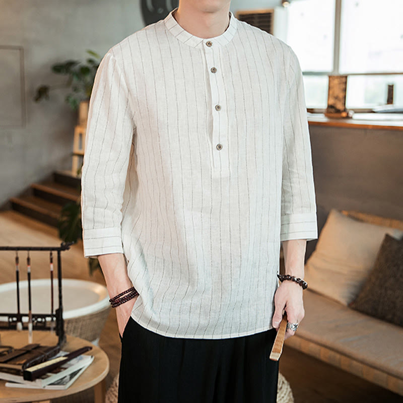 Chemise homme en lin à rayures et demi-boutons avec Buddha Stones et manches trois-quarts - image 17