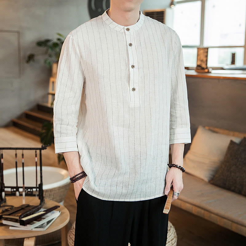 Chemise homme en lin à rayures et demi-boutons avec Buddha Stones et manches trois-quarts - image 15