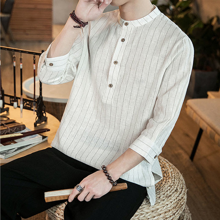 Chemise homme en lin à rayures et demi-boutons avec Buddha Stones et manches trois-quarts - image 21