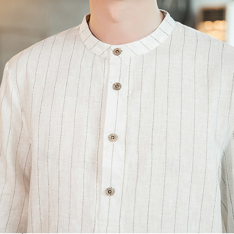 Chemise homme en lin à rayures et demi-boutons avec Buddha Stones et manches trois-quarts - image 22