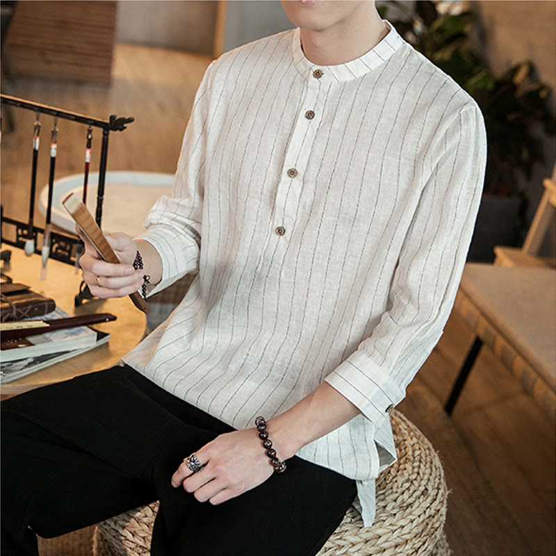 Chemise homme en lin à rayures et demi-boutons avec Buddha Stones et manches trois-quarts - image 20