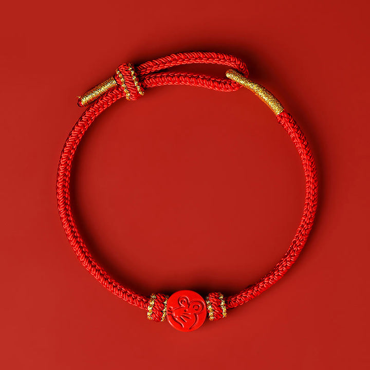 Bracelet porte-bonheur en Buddha Stones et zodiaque chinois, cordon rouge à huit fils, nœud de paix, protection cinabre