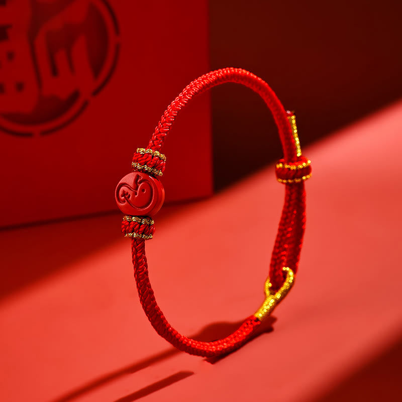 Bracelet porte-bonheur en Buddha Stones et zodiaque chinois, cordon rouge à huit fils, nœud de paix, protection cinabre