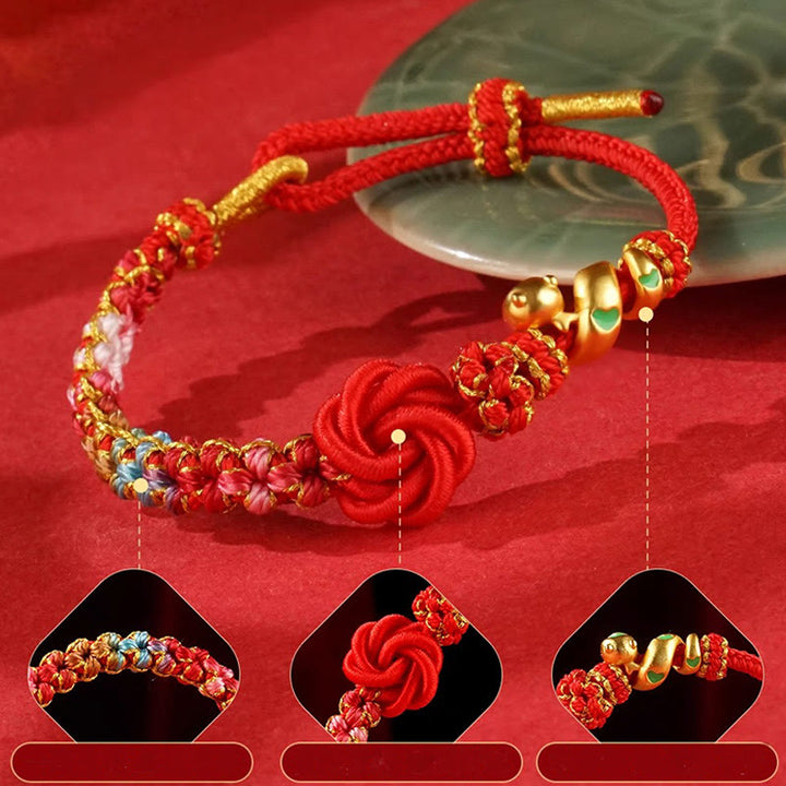 Bracelet tressé de protection de l'année du serpent avec Buddha Stones mandala en fil rouge tissé à la main avec fleurs colorées