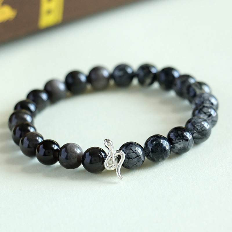 Buddha Stones Pierre de Soleil Naturelle Super Seven Cristal Obsidienne Argent Brillant Quartz Rutile Argent Sterling 925 Bracelet Positif Année du Serpent