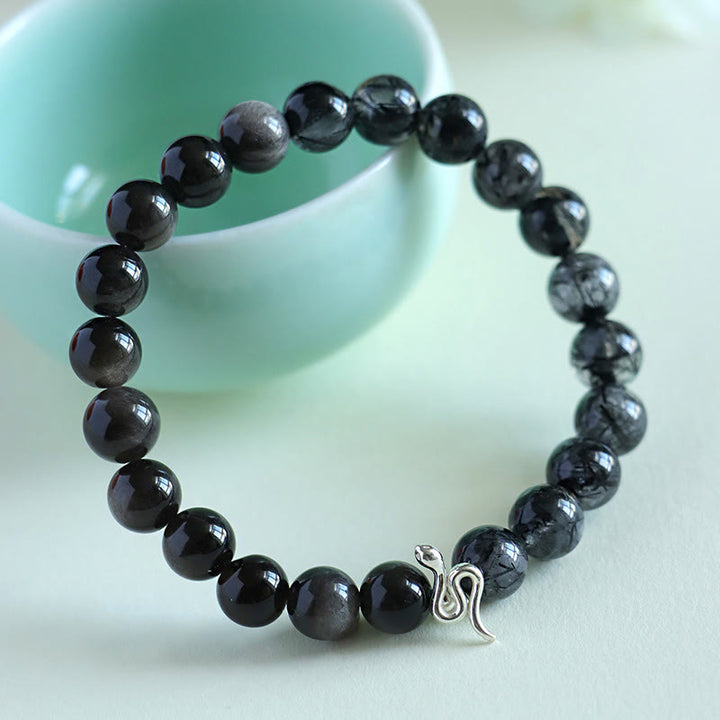 Buddha Stones Pierre de Soleil Naturelle Super Seven Cristal Obsidienne Argent Brillant Quartz Rutile Argent Sterling 925 Bracelet Positif Année du Serpent