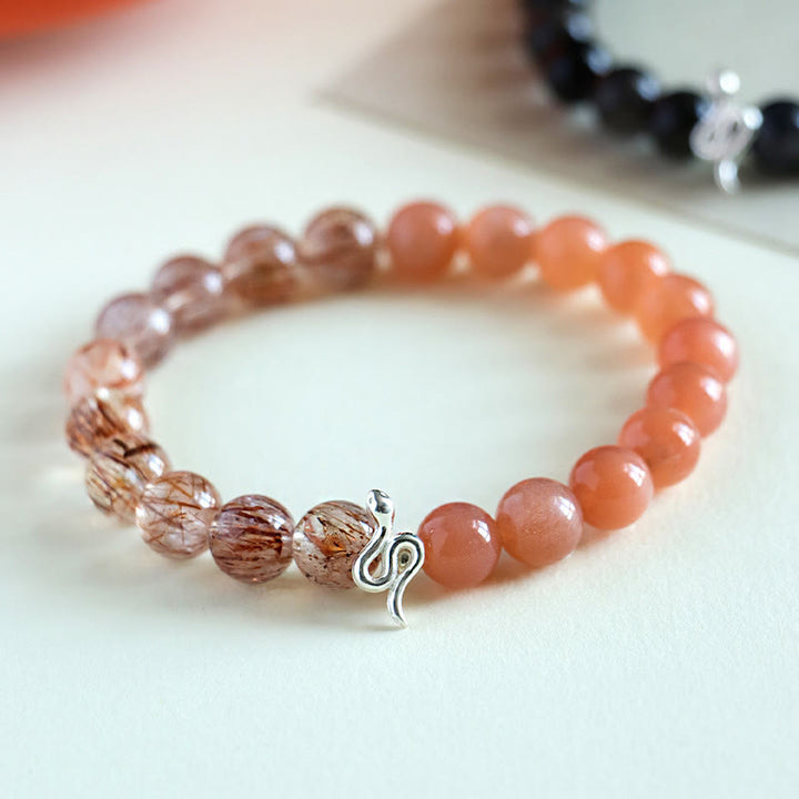 Buddha Stones Pierre de Soleil Naturelle Super Seven Cristal Obsidienne Argent Brillant Quartz Rutile Argent Sterling 925 Bracelet Positif Année du Serpent