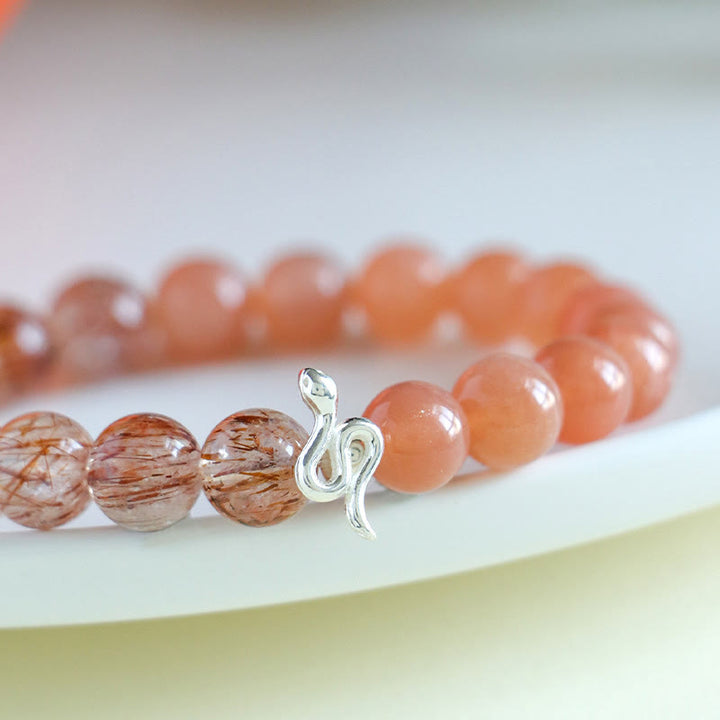 Buddha Stones Pierre de Soleil Naturelle Super Seven Cristal Obsidienne Argent Brillant Quartz Rutile Argent Sterling 925 Bracelet Positif Année du Serpent