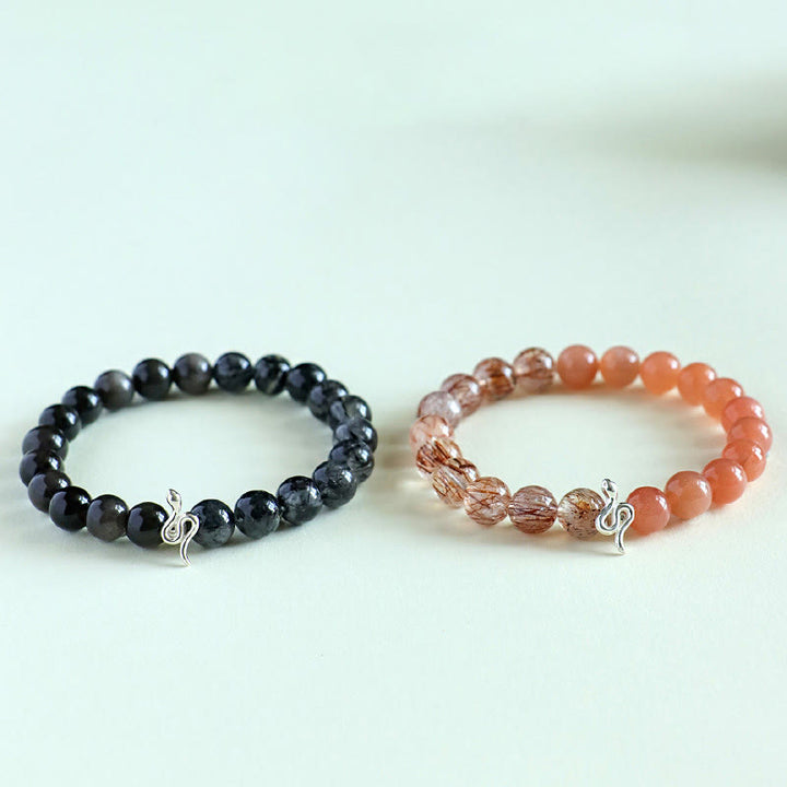 Buddha Stones Pierre de Soleil Naturelle Super Seven Cristal Obsidienne Argent Brillant Quartz Rutile Argent Sterling 925 Bracelet Positif Année du Serpent