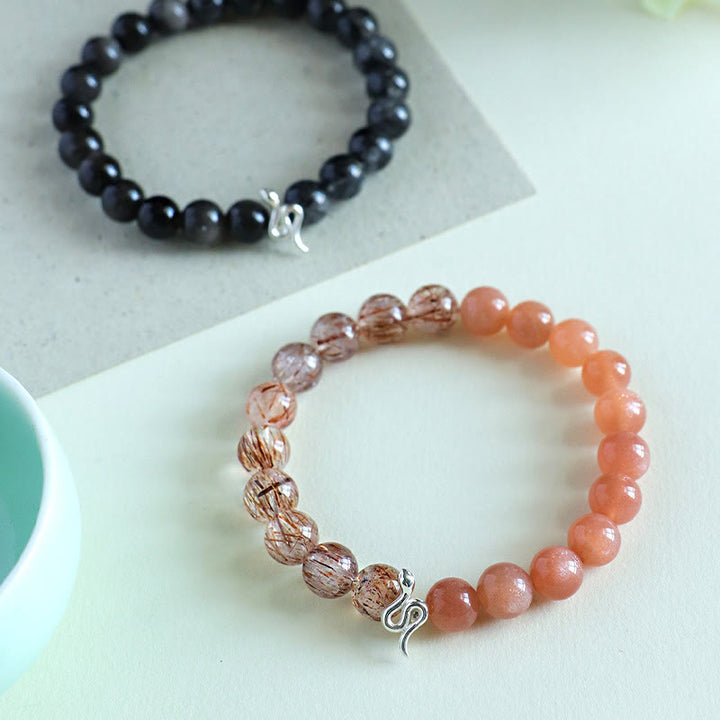 Buddha Stones Pierre de Soleil Naturelle Super Seven Cristal Obsidienne Argent Brillant Quartz Rutile Argent Sterling 925 Bracelet Positif Année du Serpent