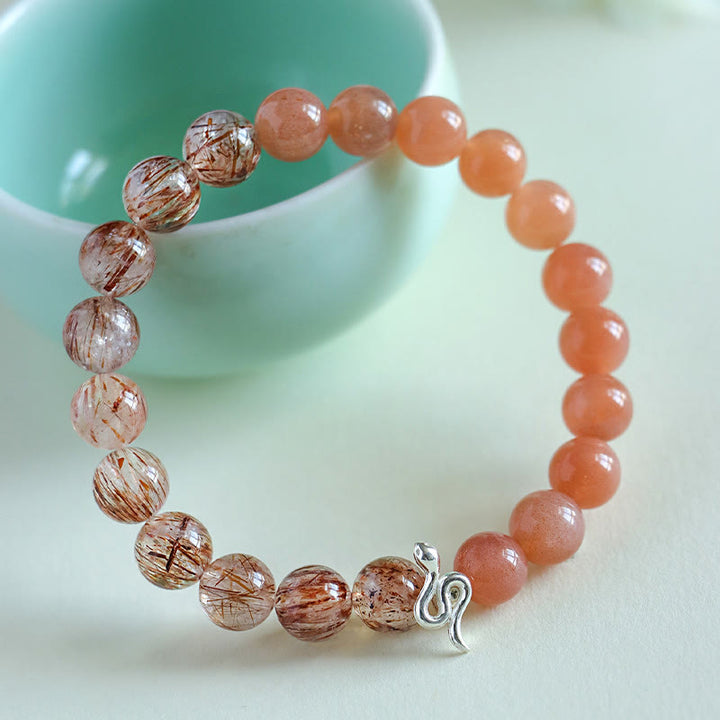 Buddha Stones Pierre de Soleil Naturelle Super Seven Cristal Obsidienne Argent Brillant Quartz Rutile Argent Sterling 925 Bracelet Positif Année du Serpent