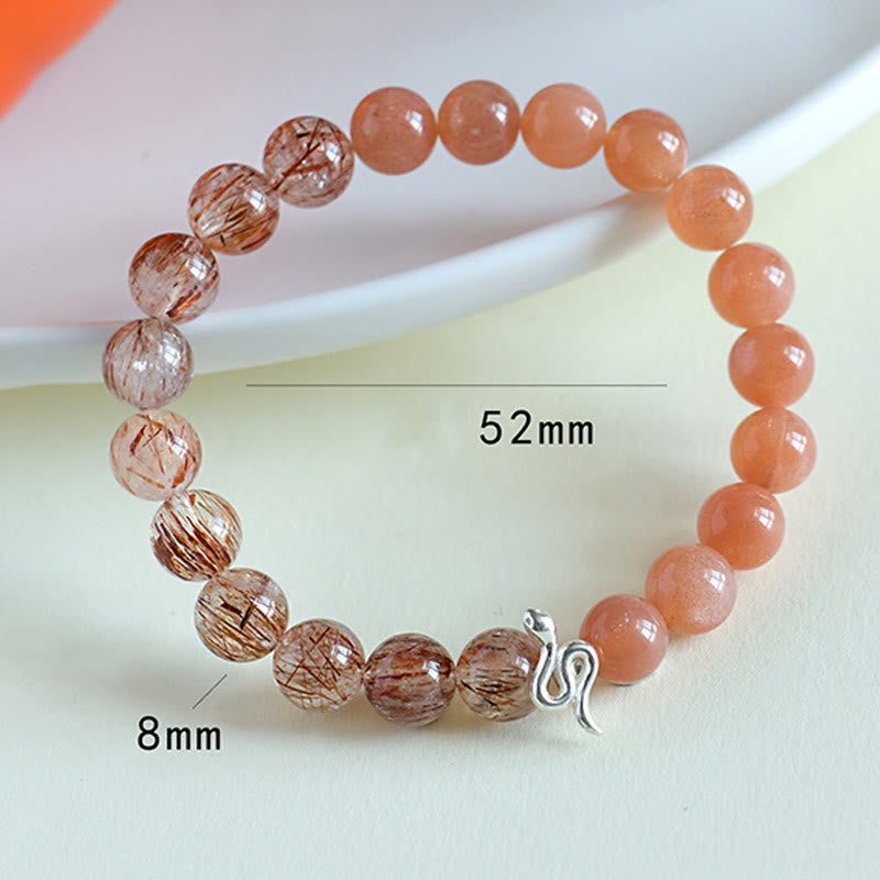Buddha Stones Pierre de Soleil Naturelle Super Seven Cristal Obsidienne Argent Brillant Quartz Rutile Argent Sterling 925 Bracelet Positif Année du Serpent