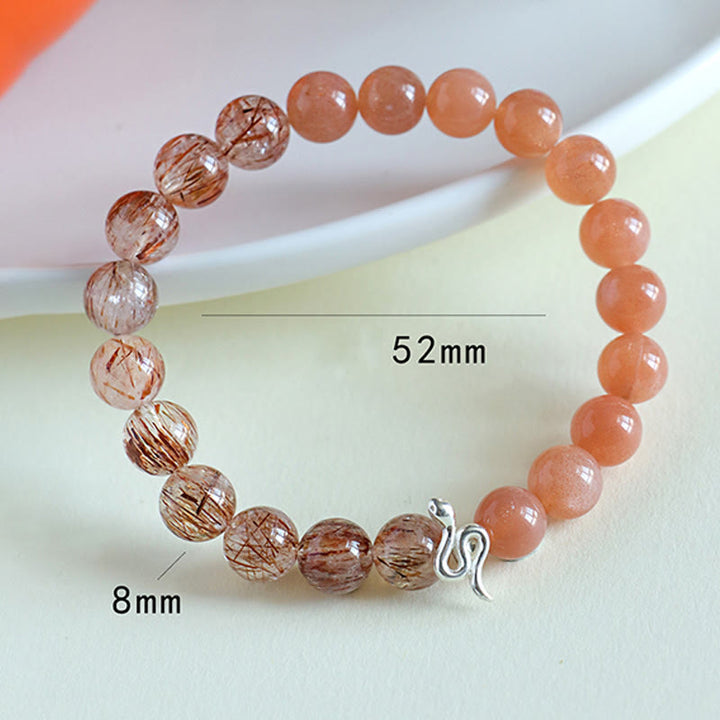 Buddha Stones Pierre de Soleil Naturelle Super Seven Cristal Obsidienne Argent Brillant Quartz Rutile Argent Sterling 925 Bracelet Positif Année du Serpent
