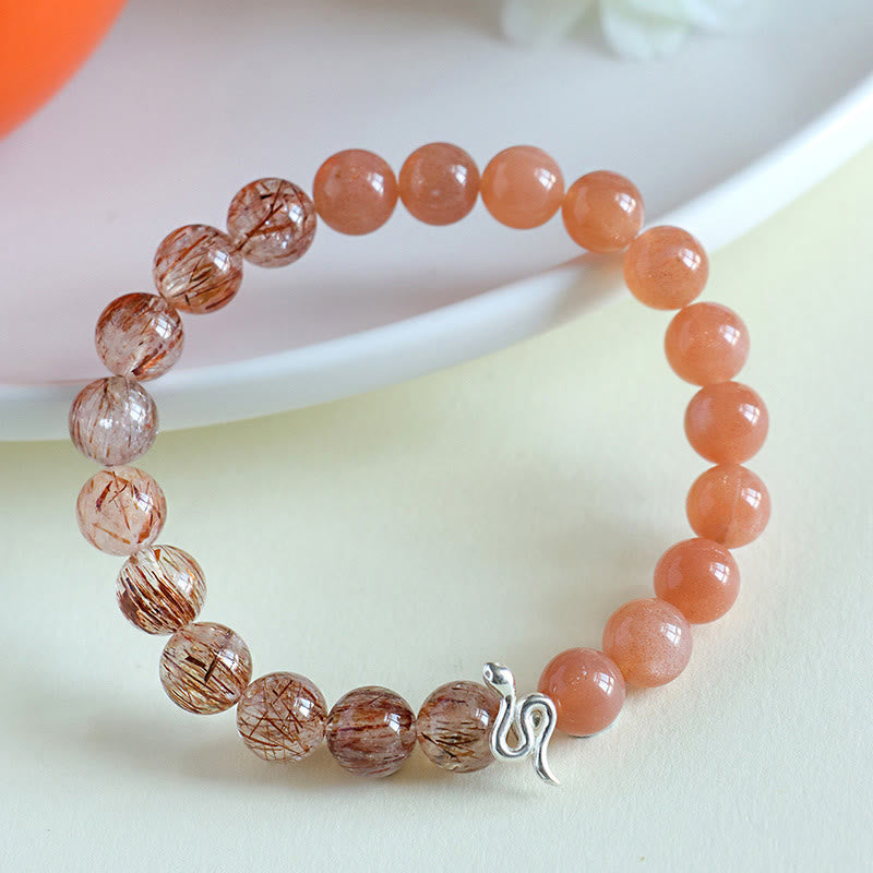 Buddha Stones Pierre de Soleil Naturelle Super Seven Cristal Obsidienne Argent Brillant Quartz Rutile Argent Sterling 925 Bracelet Positif Année du Serpent