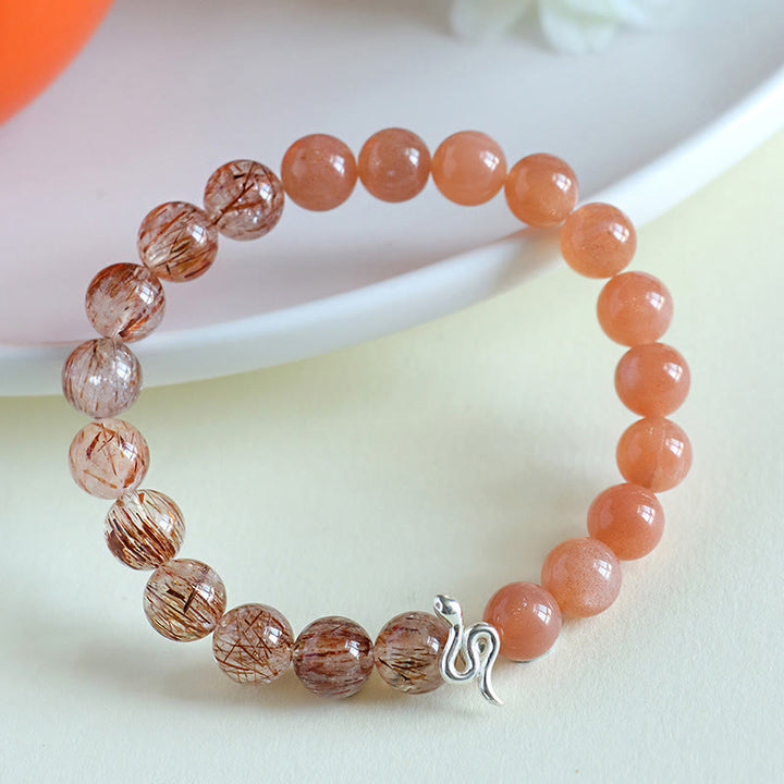 Buddha Stones Pierre de Soleil Naturelle Super Seven Cristal Obsidienne Argent Brillant Quartz Rutile Argent Sterling 925 Bracelet Positif Année du Serpent