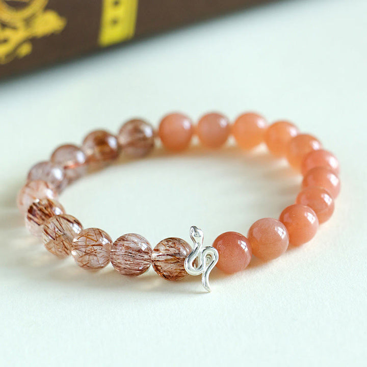 Buddha Stones Pierre de Soleil Naturelle Super Seven Cristal Obsidienne Argent Brillant Quartz Rutile Argent Sterling 925 Bracelet Positif Année du Serpent