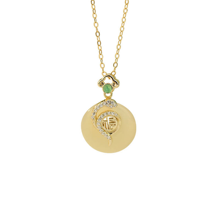Buddha Stones Collier pendentif porte-bonheur en argent sterling 925 avec boucle de paix en jade Hetian et caractère Fu de l'année du serpent