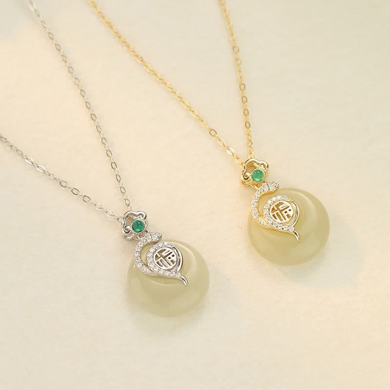 Buddha Stones Collier pendentif porte-bonheur en argent sterling 925 avec boucle de paix en jade Hetian et caractère Fu de l'année du serpent