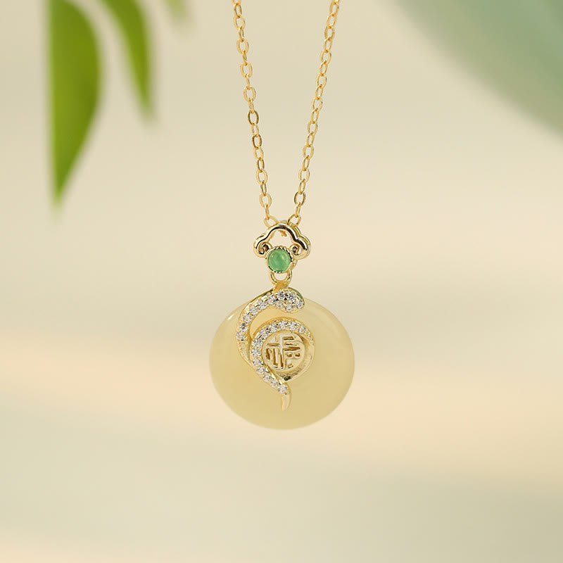 Buddha Stones Collier pendentif porte-bonheur en argent sterling 925 avec boucle de paix en jade Hetian et caractère Fu de l'année du serpent