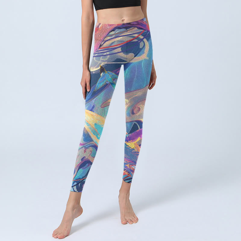 Leggings de sport à imprimé Buddha Stones Whales Swallows Waves Pantalon de yoga pour femme - image 5