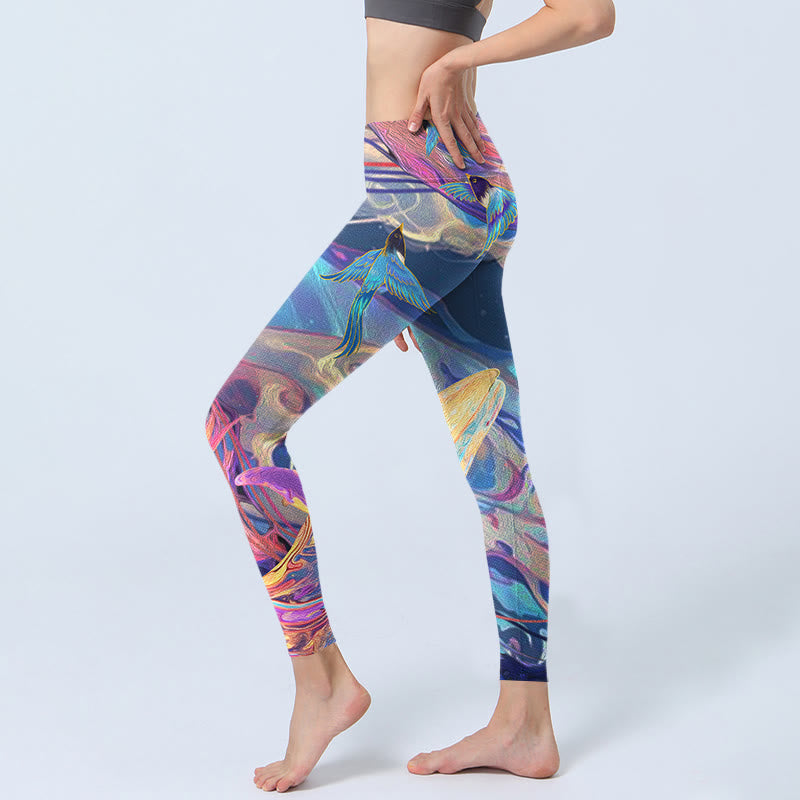 Leggings de sport à imprimé Buddha Stones Whales Swallows Waves Pantalon de yoga pour femme - image 3