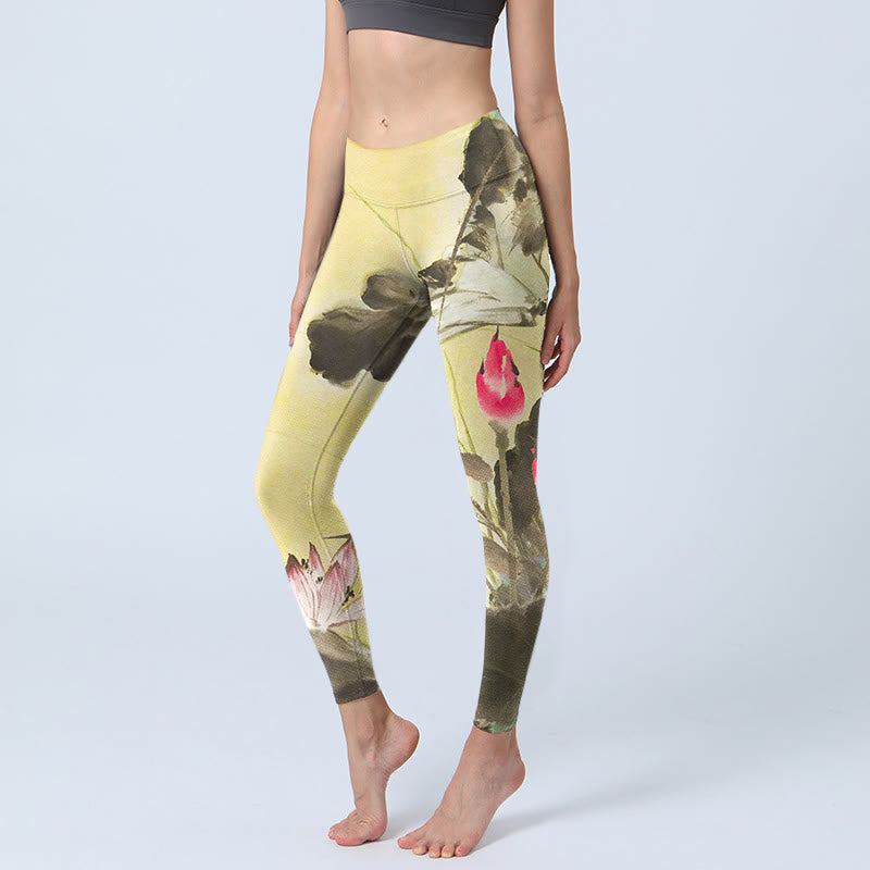 Pantalon de yoga pour femme avec imprimé lotus rose en fleurs et non fleuris Buddha Stones - Jaune - US18，UK/AU22，EU50 (4XL) - image 1