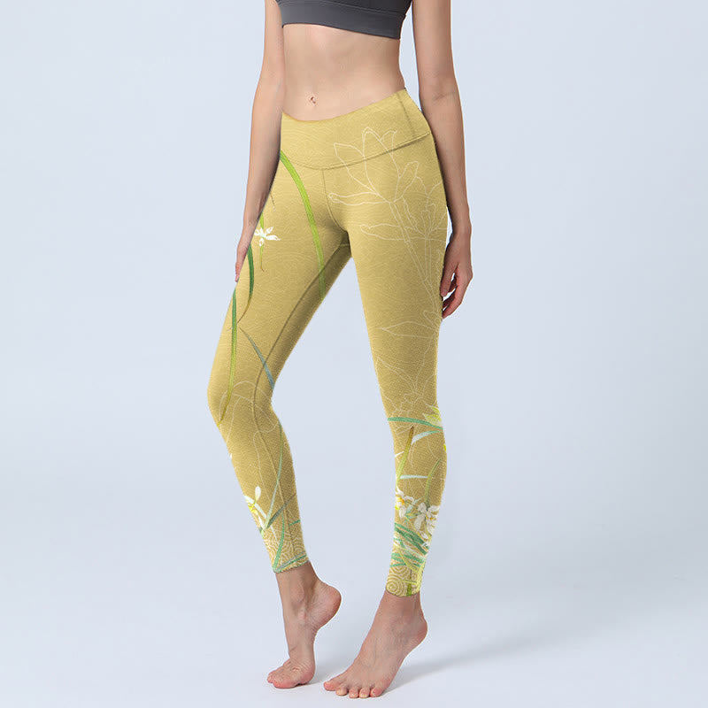 Leggings de sport à imprimé Buddha Stones, fleurs d'orchidées jaunes et feuilles pleureuses, pantalons de yoga pour femmes - Kaki - US18，UK/AU22，EU50 (4XL) - image 1
