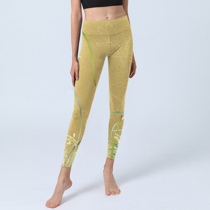 Leggings de sport à imprimé Buddha Stones, fleurs d'orchidées jaunes et feuilles pleureuses, pantalons de yoga pour femmes - image 6