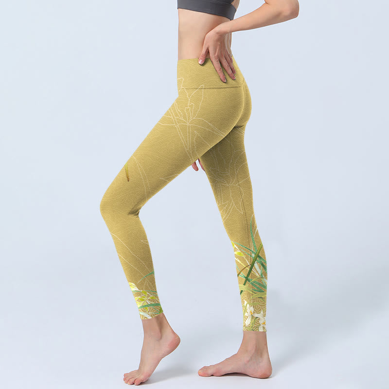 Leggings de sport à imprimé Buddha Stones, fleurs d'orchidées jaunes et feuilles pleureuses, pantalons de yoga pour femmes - image 3