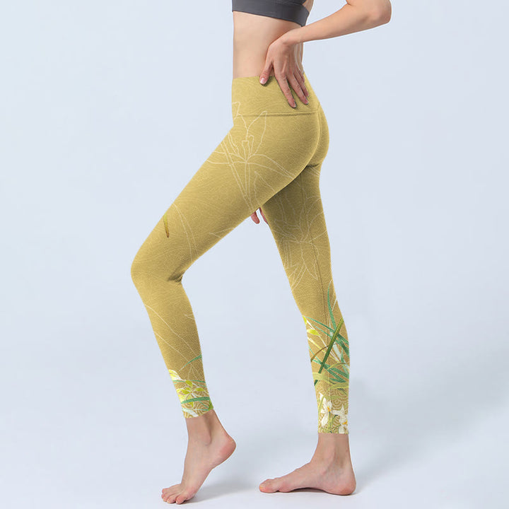 Leggings de sport à imprimé Buddha Stones, fleurs d'orchidées jaunes et feuilles pleureuses, pantalons de yoga pour femmes - image 3