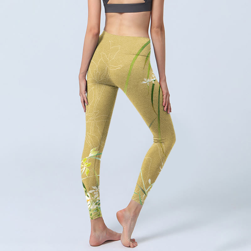 Leggings de sport à imprimé Buddha Stones, fleurs d'orchidées jaunes et feuilles pleureuses, pantalons de yoga pour femmes - image 5